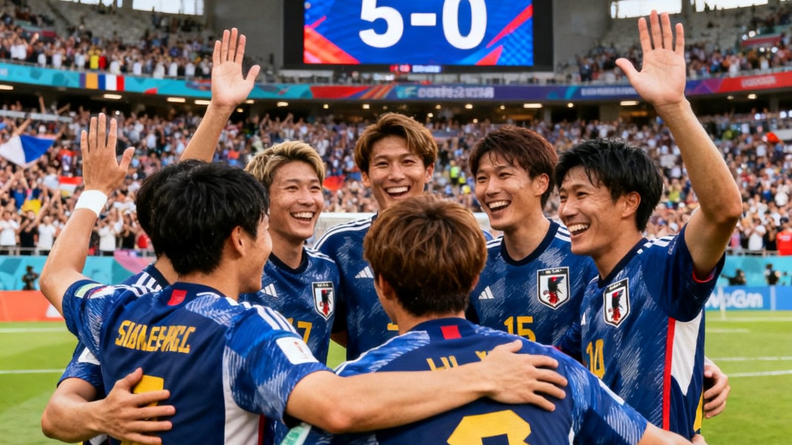 日本队球员在5比0大胜叙利亚队后围成一圈庆祝胜利，球场大屏幕显示最终比分，球员们面带笑容向球迷致意