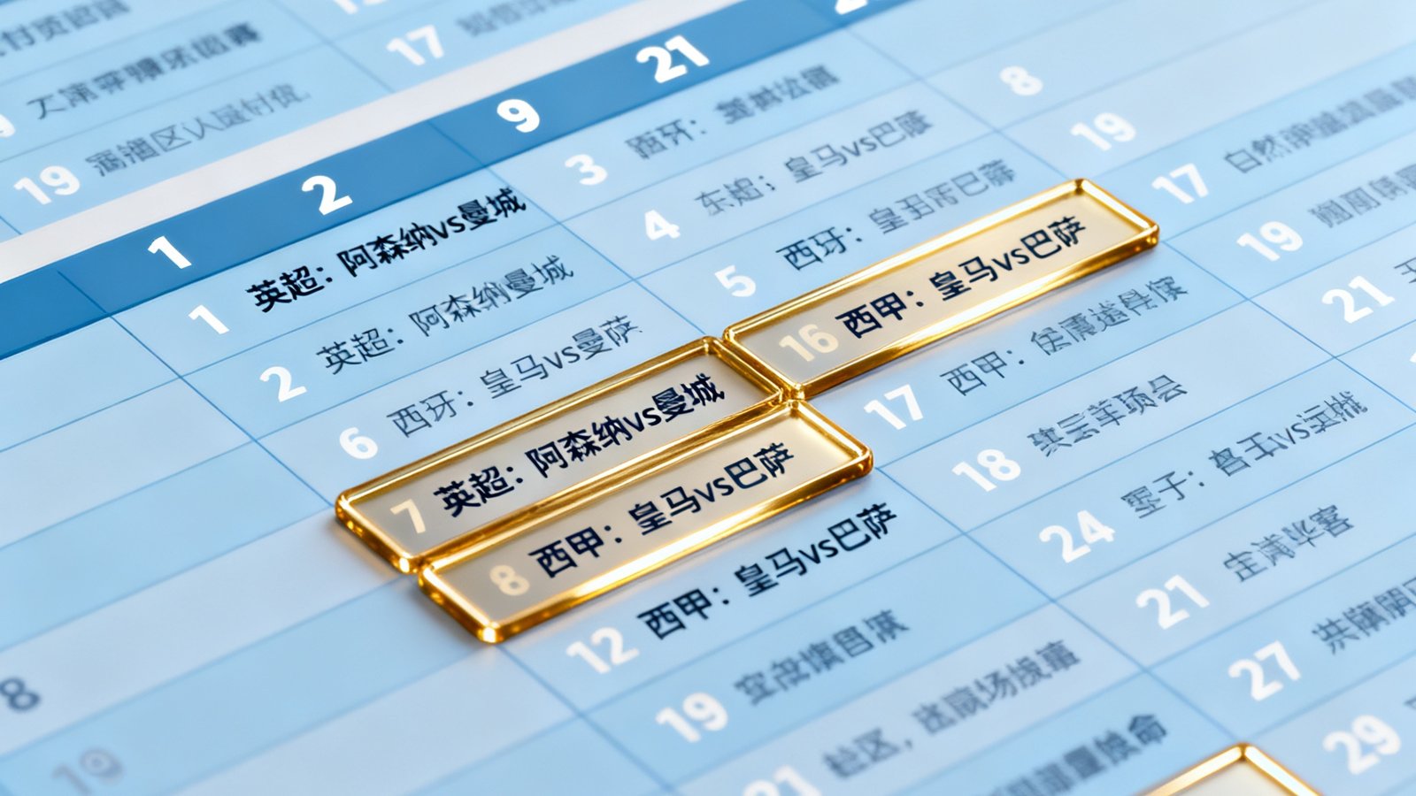 赛程日历月视图界面，不同日期格子中标注着各大联赛比赛对阵信息，重要比赛使用高亮金色边框突出显示